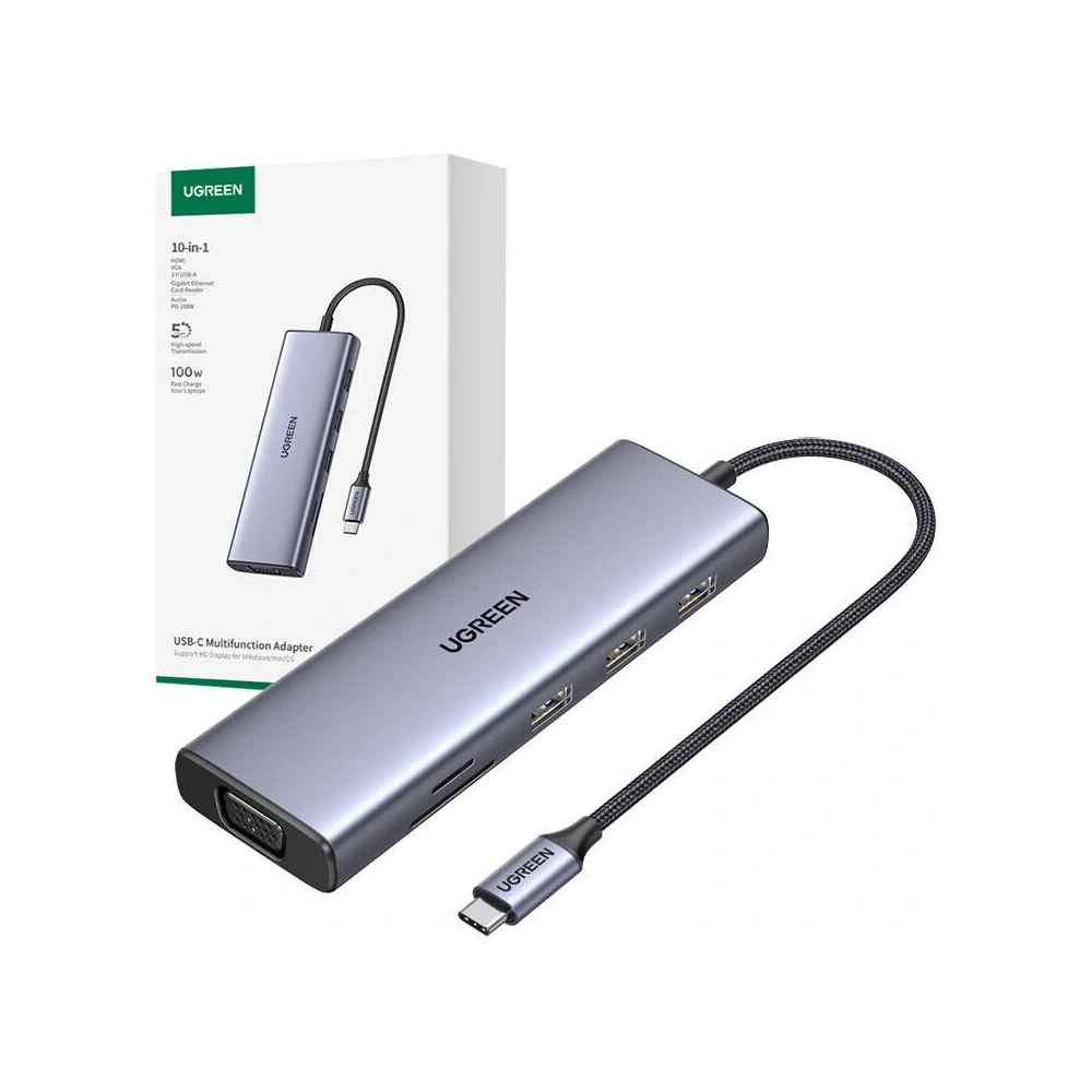 Adapter UGREEN USB-C / CM498 3xUSB-A 3.0, USB-C PD 100W, HDMI 4K30Hz, VGA, RJ45, SD/TF szary