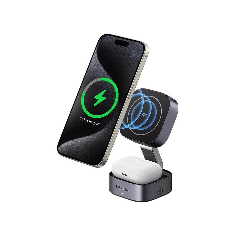 Ładowarka indukcyjna Qi 2w1 UGREEN W702 iPhone, AirPods, 15W szara - Indukcyjne (bezprzewodowe) - Ugreen