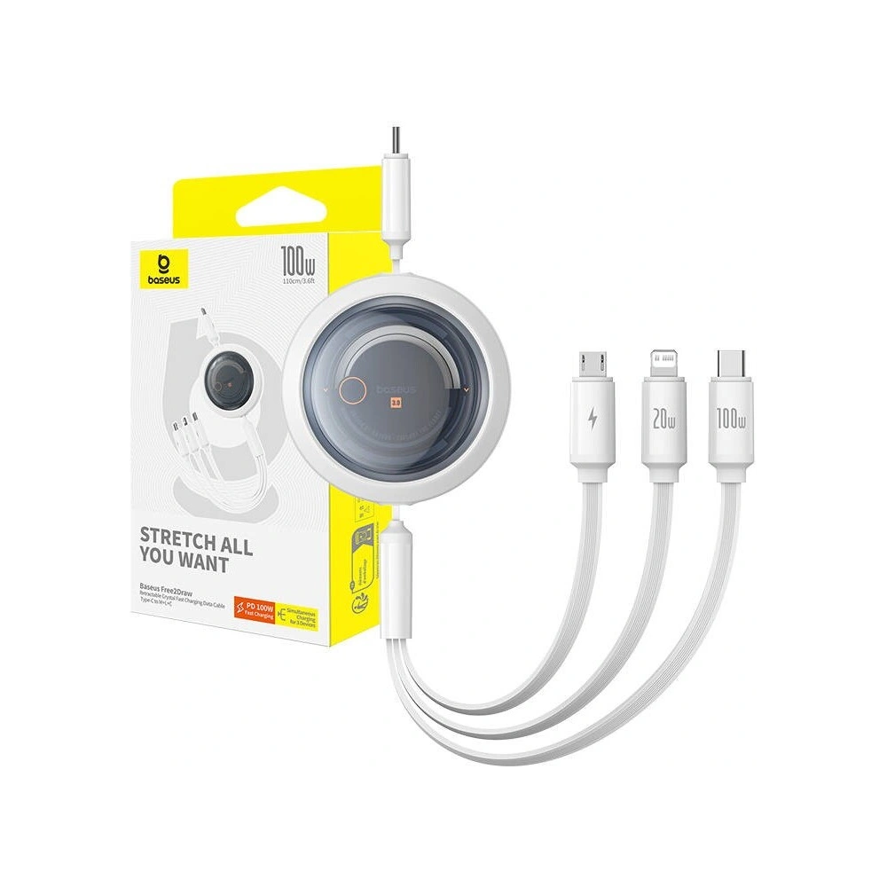 Kabel Baseus Free2Draw 3w1 USB-C / USB-C, Lightning, MicroUSB 100W 1.1m biały - 3w1 - Baseus