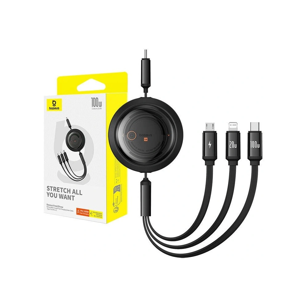 Kabel Baseus Free2Draw 3w1 USB-C / USB-C, Lightning, MicroUSB 100W 1.1m czarny - 3w1 - Baseus