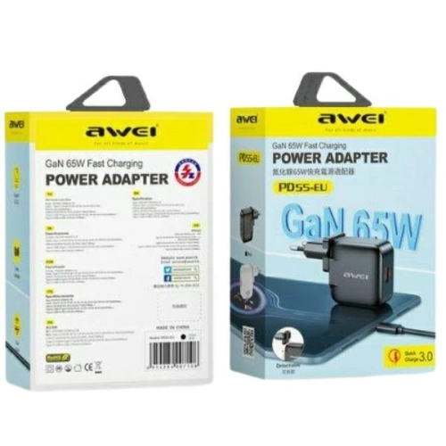 Kup AWEI PD55-EU GaN 65W USB-A, USB-C hálózati töltő fekete - AWEI214 - {ean13} - Sklep Home Screen
