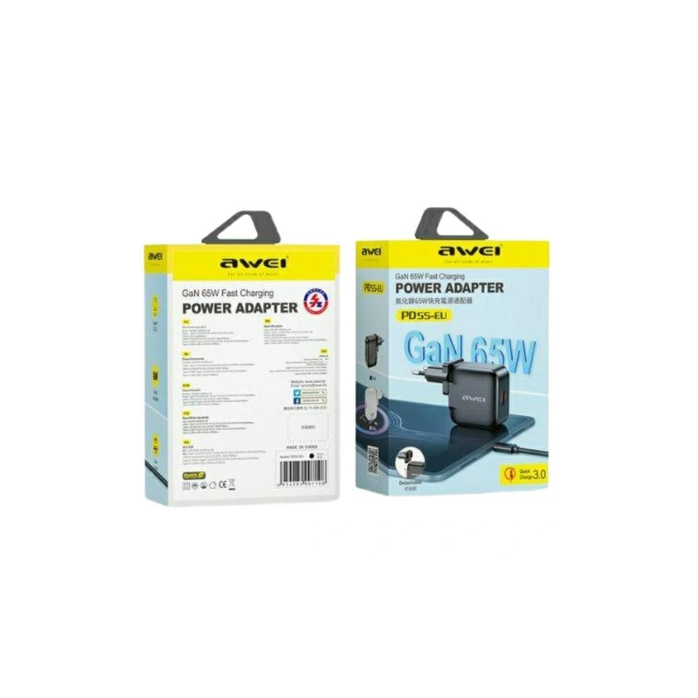 Ładowarka sieciowa AWEI PD55-EU GaN 65W USB-A, USB-C czarna/black - Sieciowe - Awei