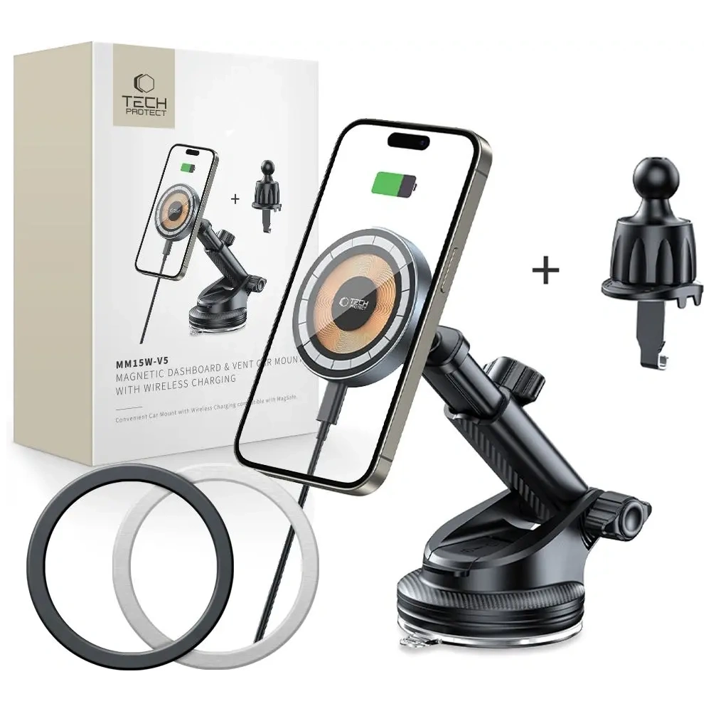 Uchwyt samochodowy do kratki / na szybę / na kokpit z ładowarką 15W Tech-Protect MM15W-V5 Magnetic MagSafe Black - na kokpit / szybę - Tech-Protect