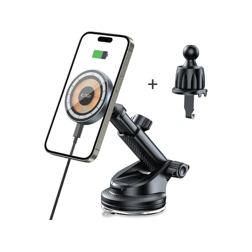 Uchwyt samochodowy do kratki / na szybę / na kokpit z ładowarką 15W Tech-Protect MM15W-V5 Magnetic MagSafe Black - na kokpit / szybę - Tech-Protect