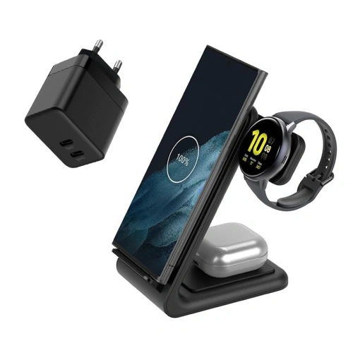 Kup Zestaw Crong ładowarka sieciowa 2xUSB-C 35W + bezprzewodowa GaN PD PowerSpot Pivot Stand 3w1 czarna - CRG802 - {ean13} - Sklep Home Screen