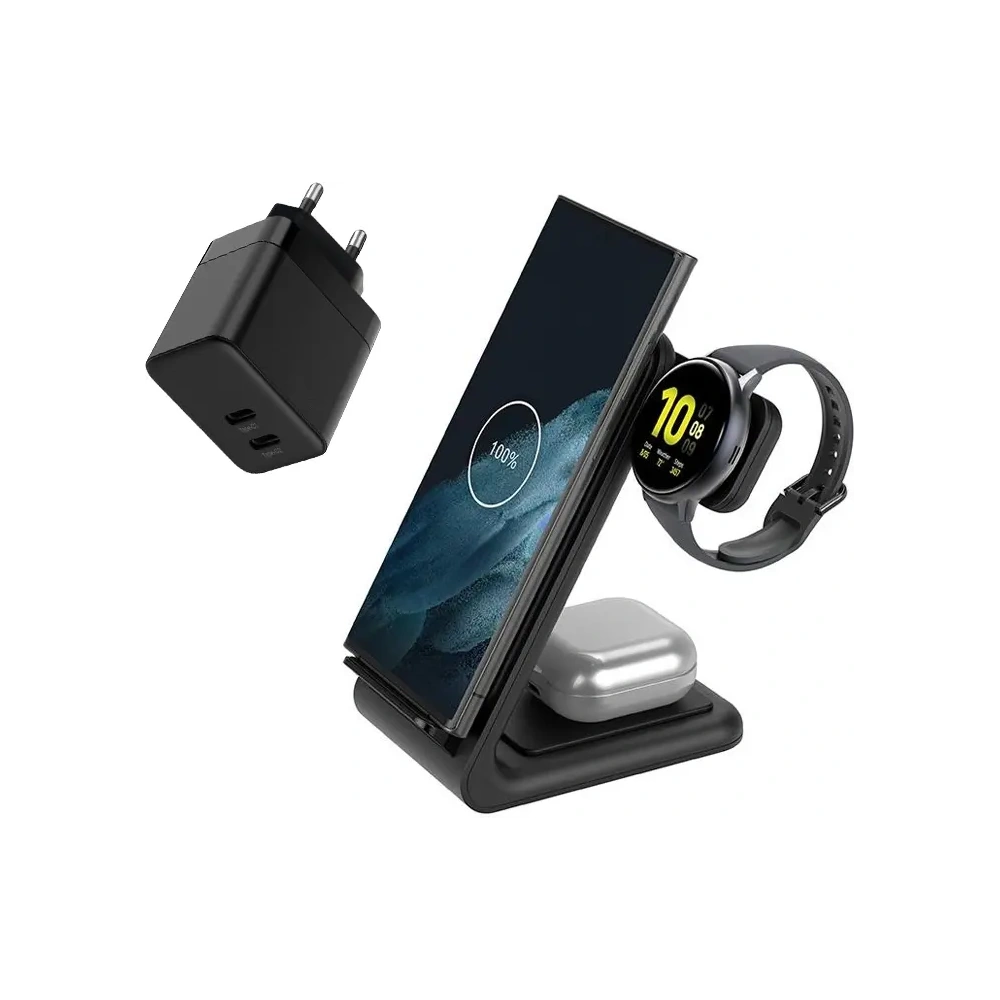 Zestaw Crong ładowarka sieciowa 2xUSB-C 35W + bezprzewodowa GaN PD PowerSpot Pivot Stand 3w1 czarna - Indukcyjne (bezprzewodowe) - Crong