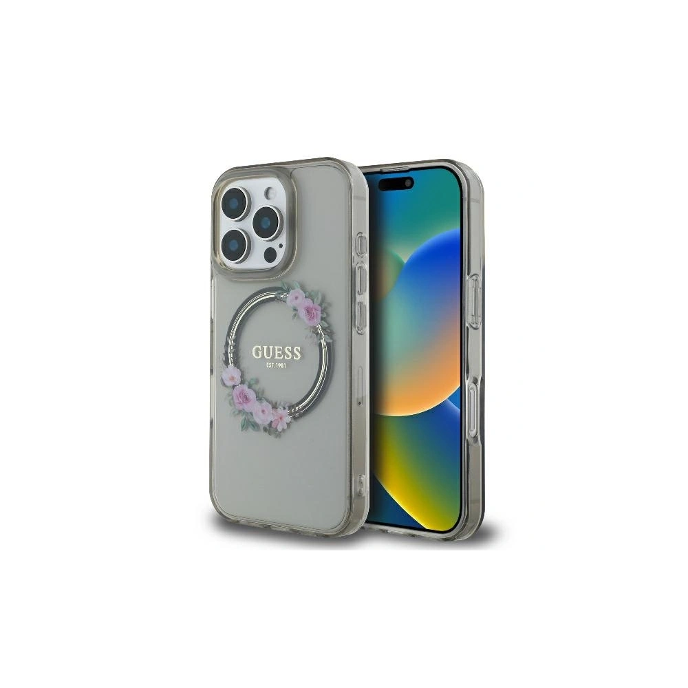 Etui Guess GUHMP16LHFWFCK Apple iPhone 16 Pro hardcase IML Flowers Wreath MagSafe czarny - iPhone 16 Pro - Guess