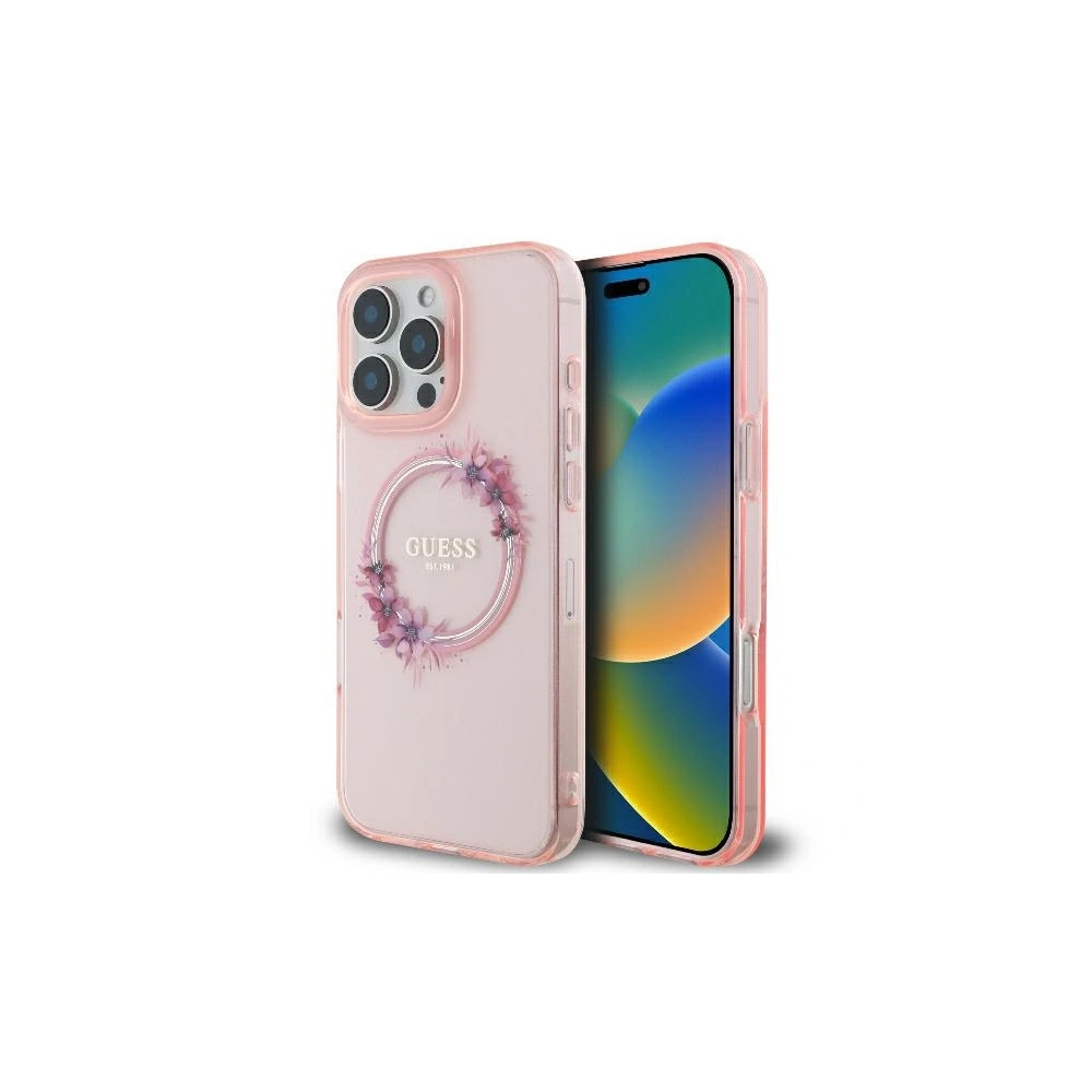 Etui Guess GUHMP16LHFWFCP Apple iPhone 16 Pro hardcase IML Flowers Wreath MagSafe różowy - iPhone 16 Pro - Guess