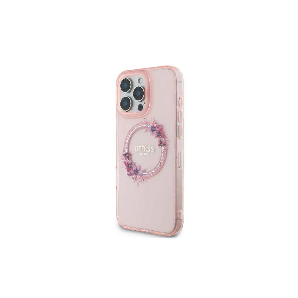 Etui Guess GUHMP16LHFWFCP Apple iPhone 16 Pro hardcase IML Flowers Wreath MagSafe różowy - iPhone 16 Pro - Guess