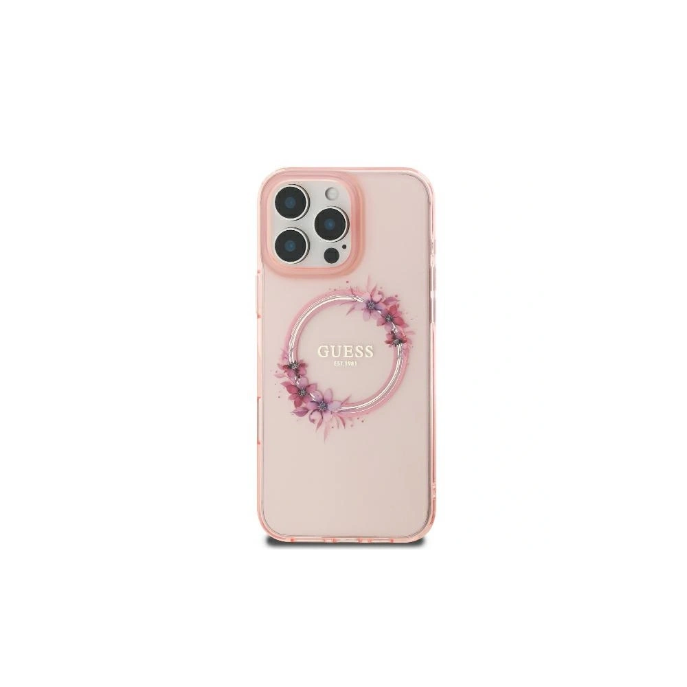 Etui Guess GUHMP16LHFWFCP Apple iPhone 16 Pro hardcase IML Flowers Wreath MagSafe różowy - iPhone 16 Pro - Guess