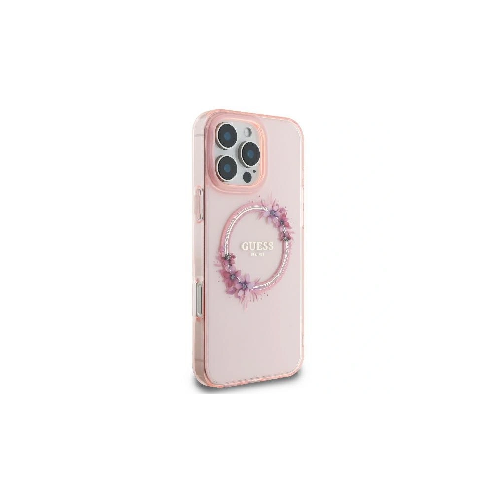Etui Guess GUHMP16LHFWFCP Apple iPhone 16 Pro hardcase IML Flowers Wreath MagSafe różowy - iPhone 16 Pro - Guess
