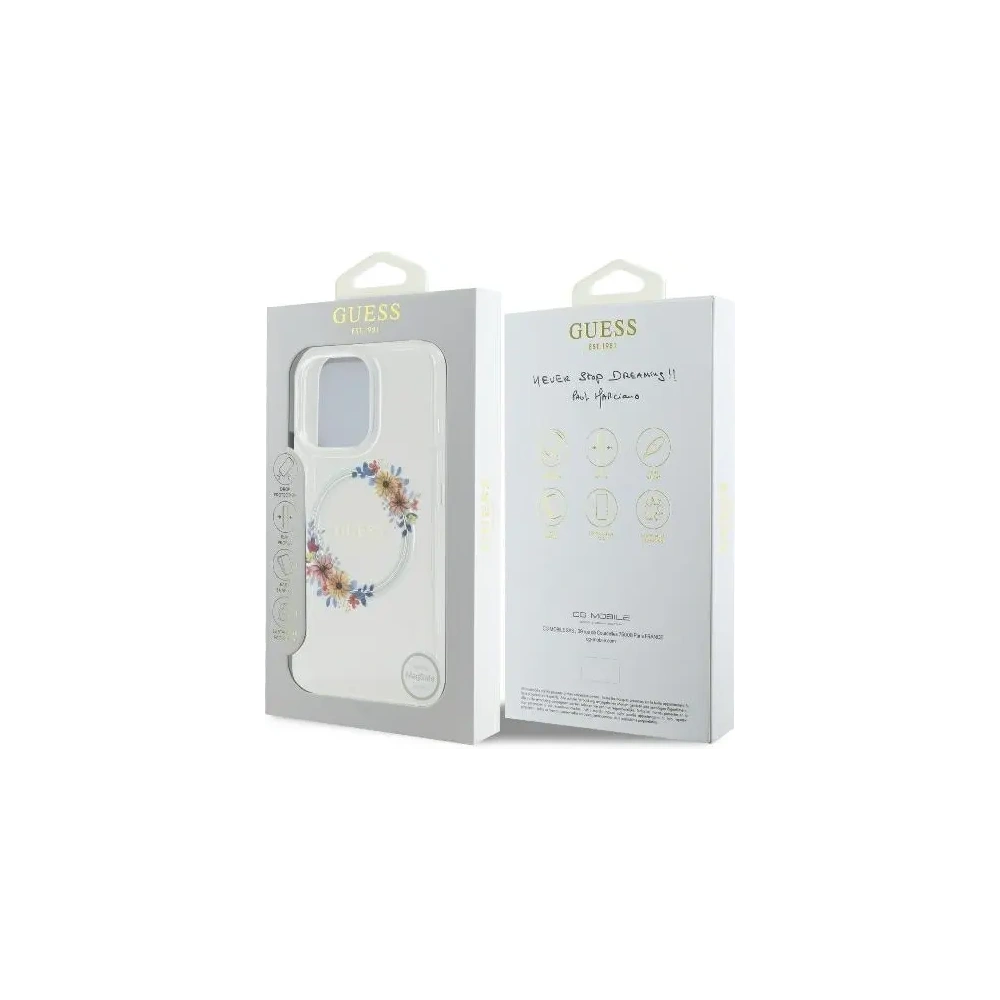 Etui Guess GUHMP16SHFWFCT Apple iPhone 16 hardcase IML Flowers Wreath MagSafe przeźroczysty - iPhone 16 - Guess