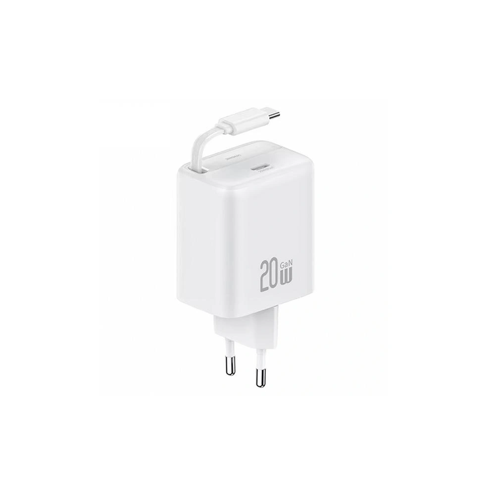 Ładowarka sieciowa USAMS USB-C + zwijany kabel USB-C PD+QC 20W Gan Fast Charging biały YC Series - Sieciowe - Usams