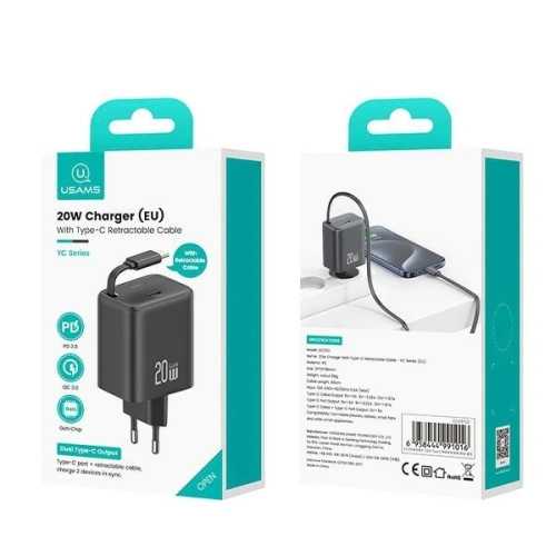 Kup Încărcător de perete USB-C USAMS + cablu USB-C retractabil PD+QC 20W Gan Încărcare rapidă alb YC Series - USA1170 - {ean13} - Sklep Home Screen