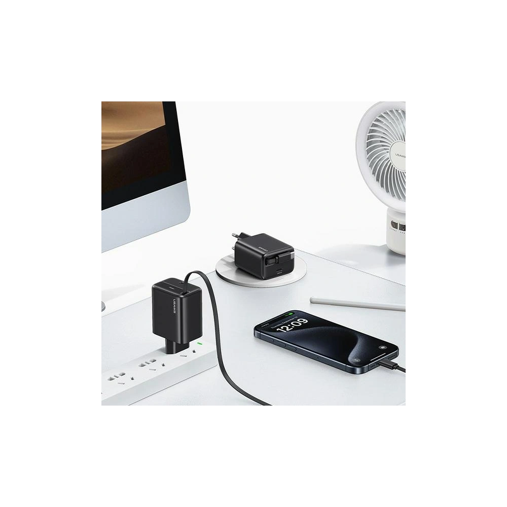Ładowarka sieciowa USAMS USB-C + zwijany kabel USB-C PD+QC 20W Gan Fast Charging czarny YC Series - Sieciowe - Usams
