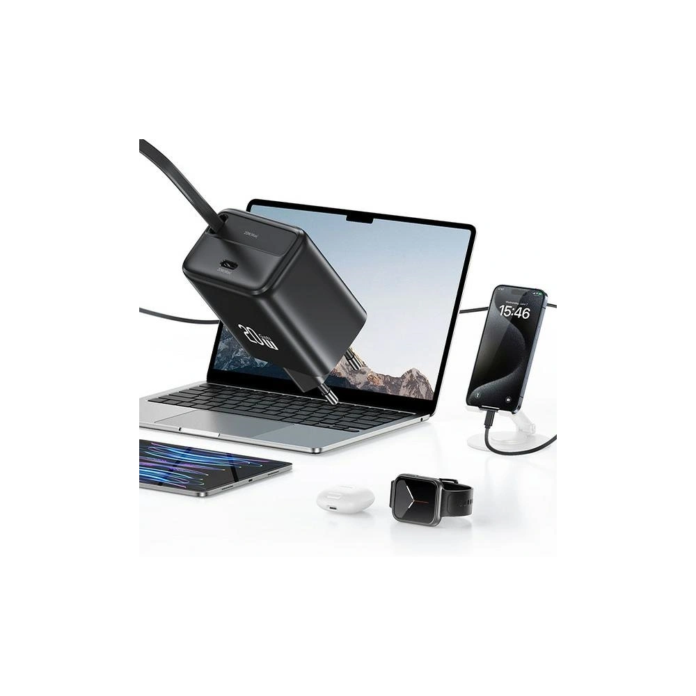 Ładowarka sieciowa USAMS USB-C + zwijany kabel USB-C PD+QC 20W Gan Fast Charging czarny YC Series - Sieciowe - Usams