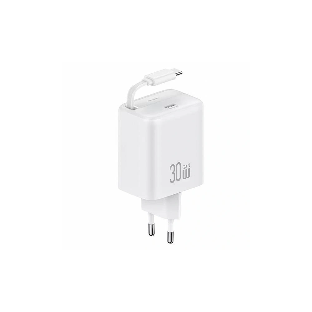 Ładowarka sieciowa USAMS USB-C + zwijany kabel USB-C PD+QC 30W Gan Fast Charging biały YC Series - Sieciowe - Usams