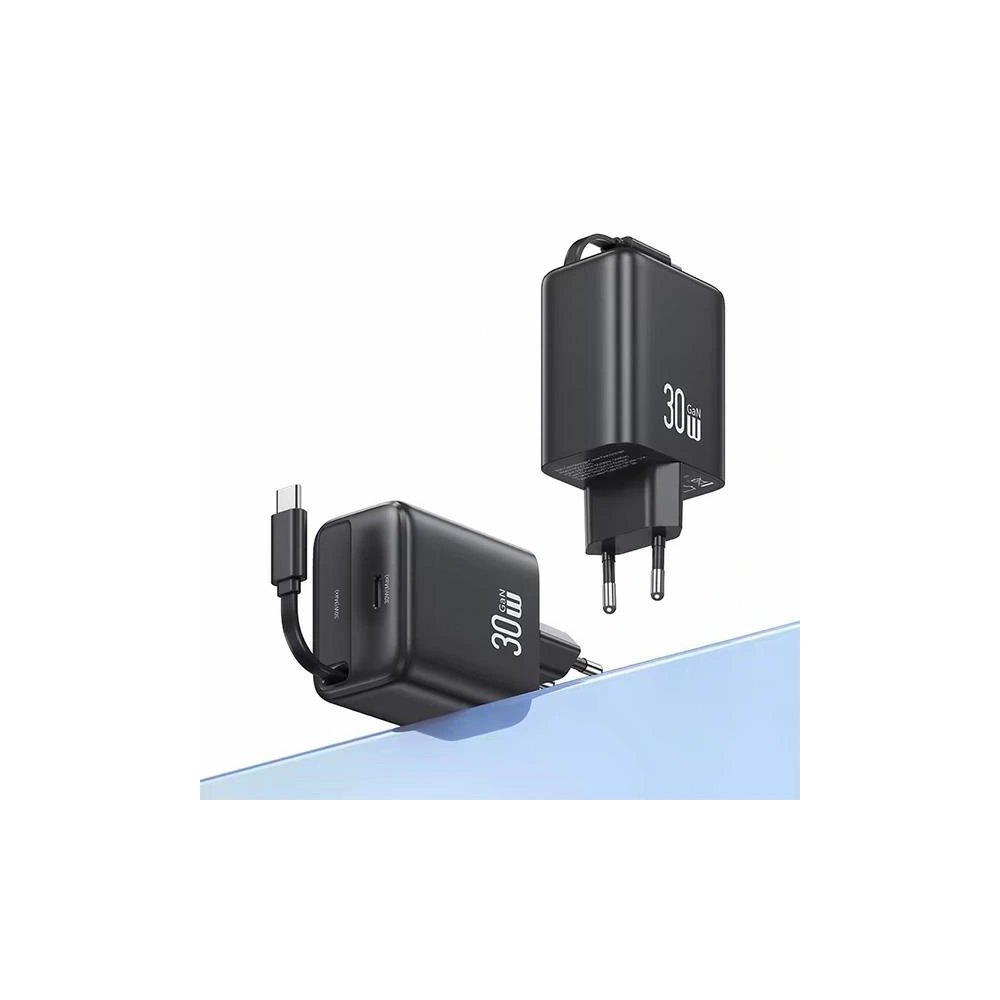 Ładowarka sieciowa USAMS USB-C + zwijany kabel USB-C PD+QC 30W Gan Fast Charging biały YC Series - Sieciowe - Usams