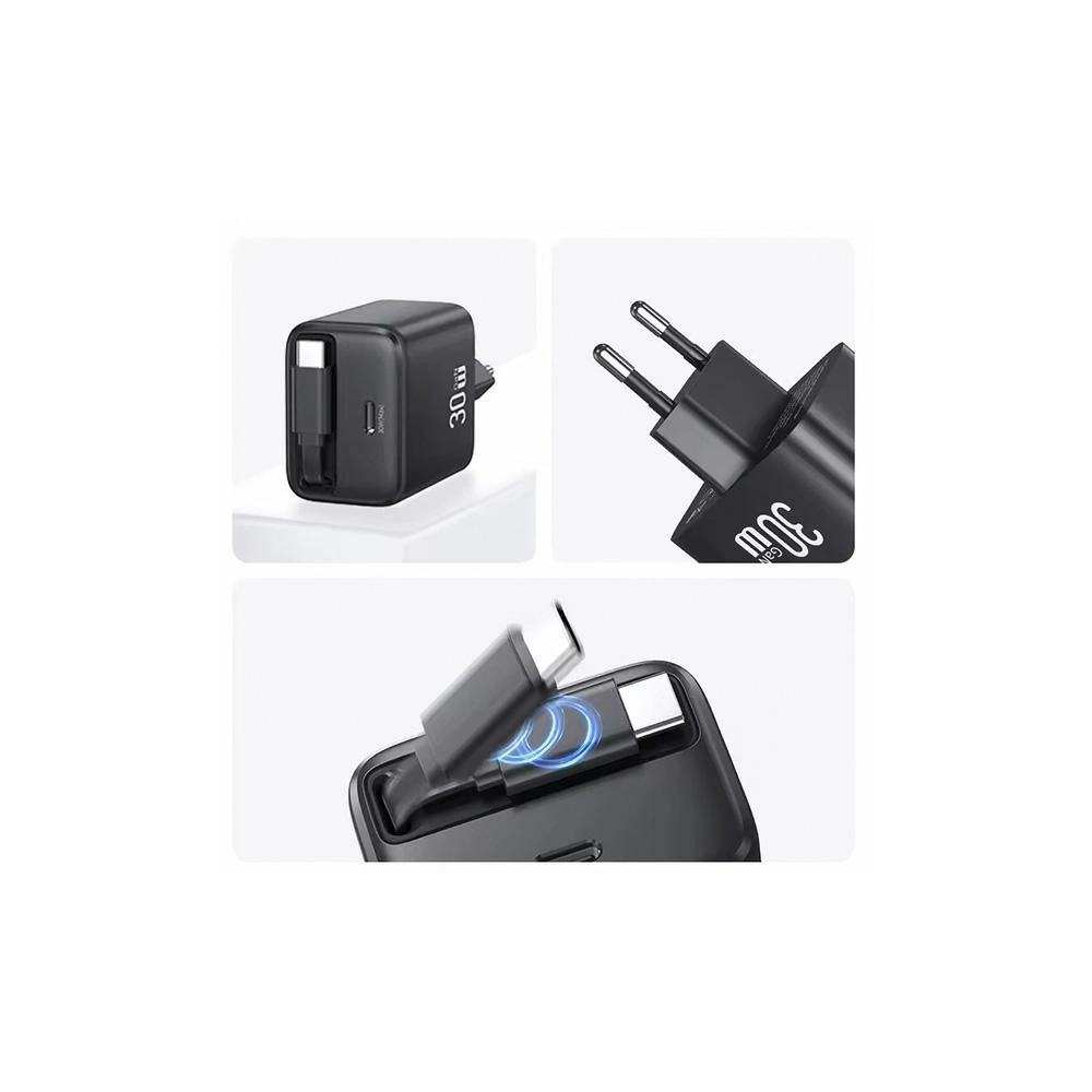 Ładowarka sieciowa USAMS USB-C + zwijany kabel USB-C PD+QC 30W Gan Fast Charging biały YC Series - Sieciowe - Usams