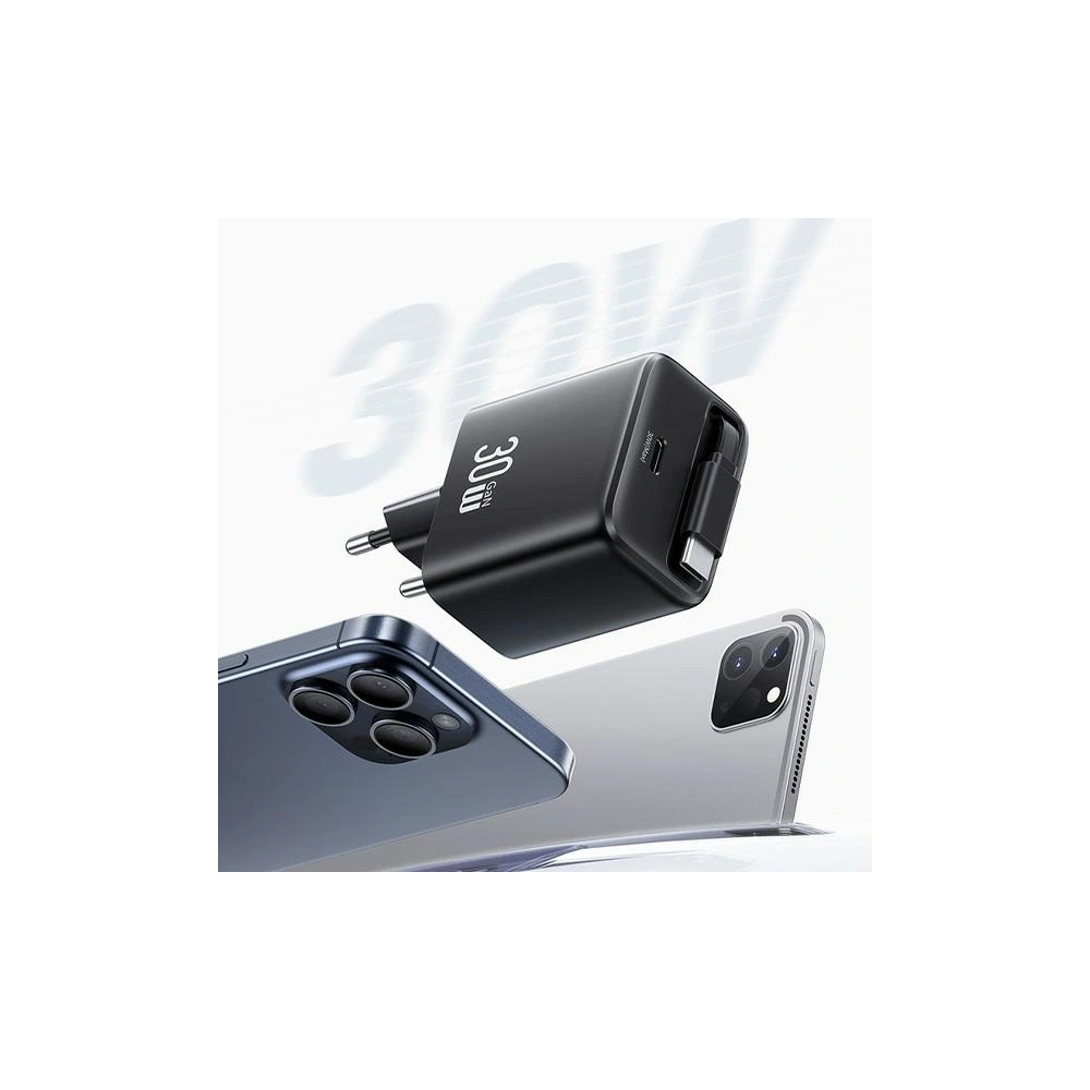Ładowarka sieciowa USAMS USB-C + zwijany kabel USB-C PD+QC 30W Gan Fast Charging czarny YC Series - Sieciowe - Usams