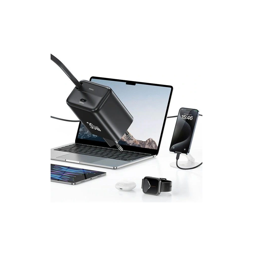 Ładowarka sieciowa USAMS USB-C + zwijany kabel USB-C PD+QC 30W Gan Fast Charging czarny YC Series - Sieciowe - Usams