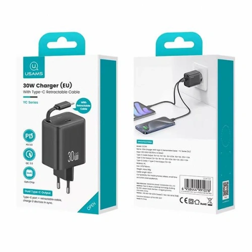 Kup Încărcător de perete USAMS USB-C + cablu USB-C retractabil PD+QC 30W Gan Fast Charging negru seria YC - USA1173 - {ean13} - Sklep Home Screen
