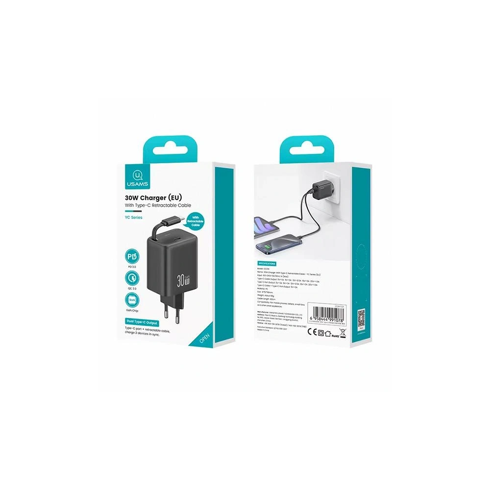 Ładowarka sieciowa USAMS USB-C + zwijany kabel USB-C PD+QC 30W Gan Fast Charging czarny YC Series - Sieciowe - Usams