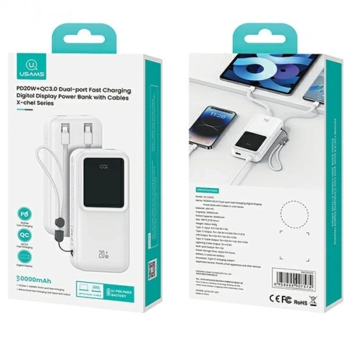 Buy USAMS power bank with built-in USB-C + Lightning cables 30000mAh 20W PD+QC 3.0 Fast Charge X-chel Series black - USA1175 - {ean13} - Home Screen Store Europe