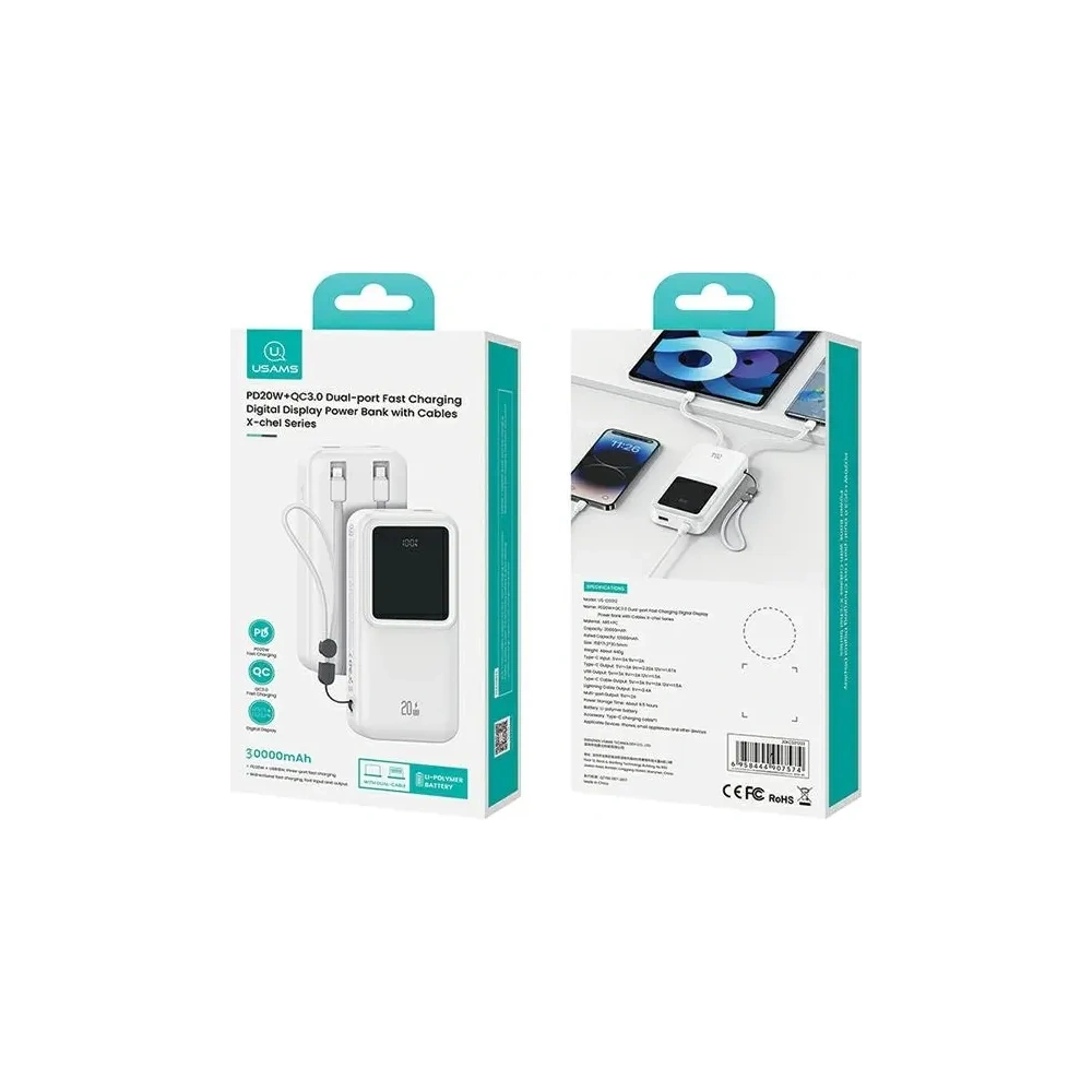 Powerbank USAMS z wbudowanymi kablami USB-C + Lightning 30000mAh 20W PD+QC 3.0 Fast Charge X-chel Series czarny - Powerbanki - Usams