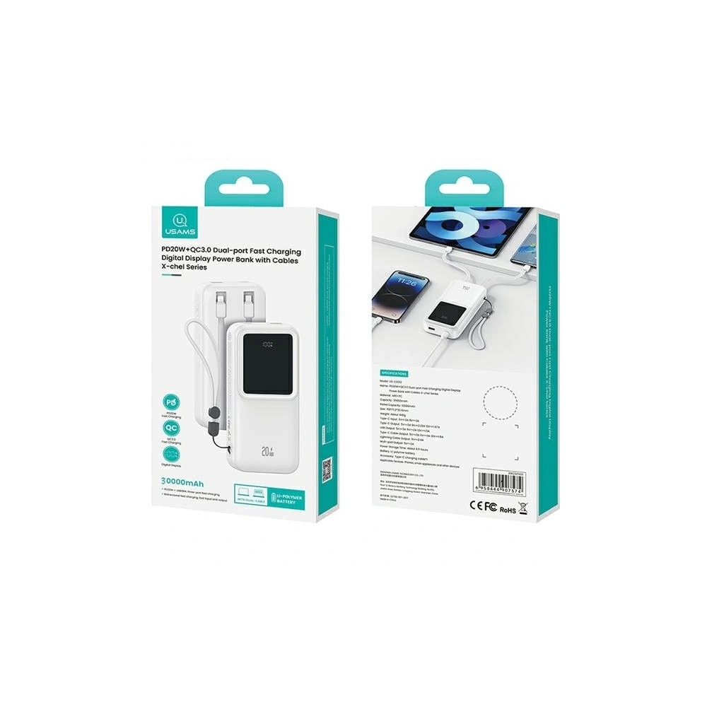 Powerbank USAMS z wbudowanymi kablami USB-C + Lightning 30000mAh 20W PD+QC 3.0 Fast Charge X-chel Series fioletowy - Powerbanki - Usams