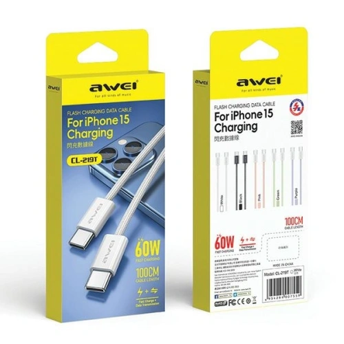 Kup Cablu AWEI CL-219T USB-C / USB-C 60W 1m compatibil cu iPhone 15 alb - AWEI219 - {ean13} - Sklep Home Screen