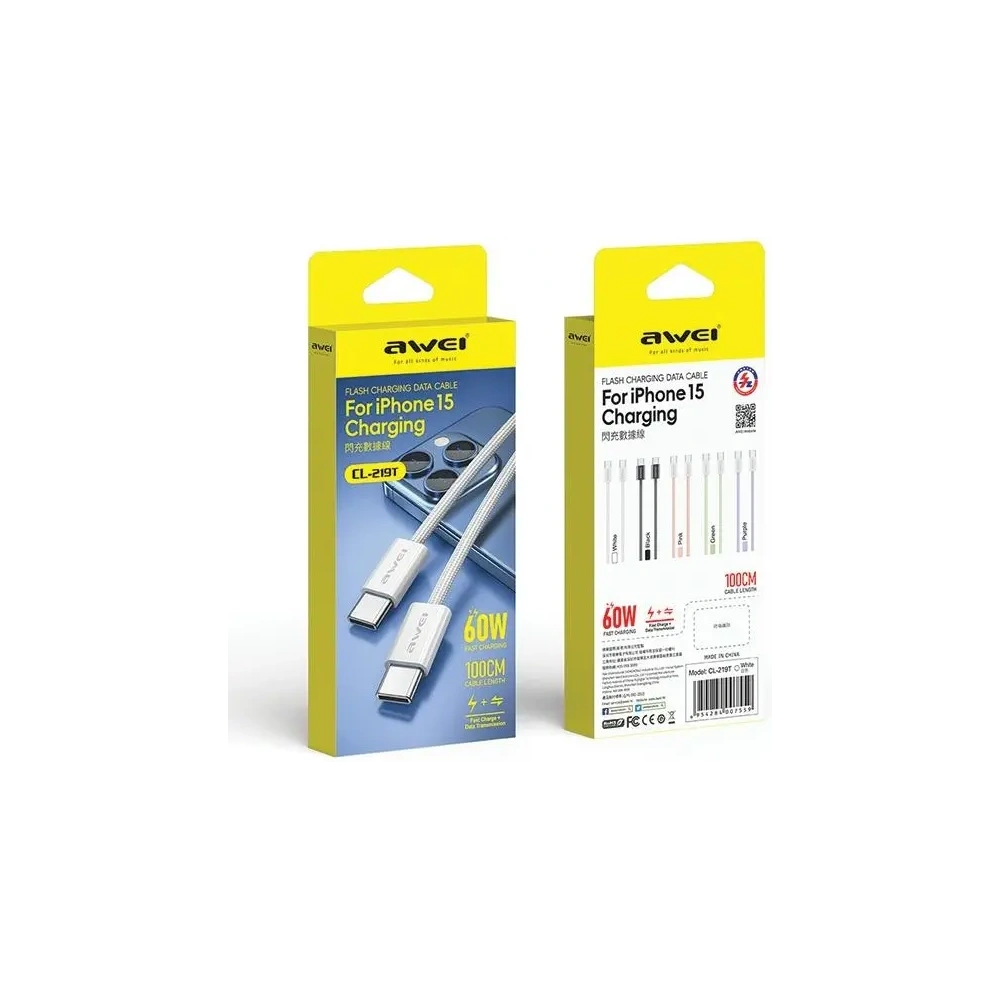 Kabel AWEI CL-219T USB-C / USB-C 60W 1m kompatybilny z iPhone 15 biały - USB-C - USB-C - Awei