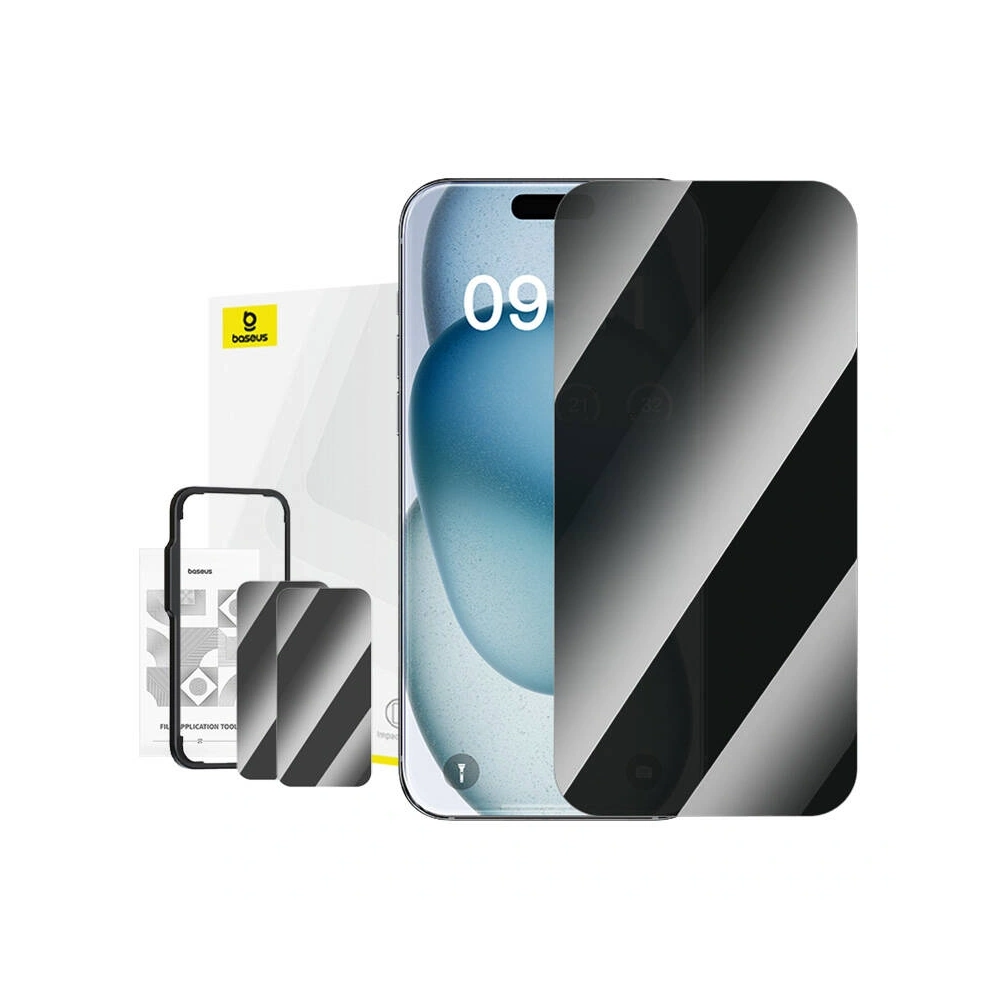 Szkło hartowane prywatyzujące Baseus Superior dla iPhone 15 + 2x zestaw czyszczący i EasyStick (przeźroczysty) - !ZAIMPORTOWANE - Baseus