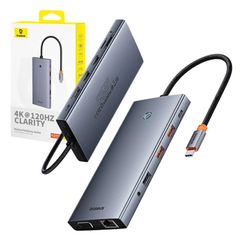Kup Baseus PortalJoy 13in1 Adapter USB-C / 2xHDMI, DP, VGA, 2xUSB-C, 3xUSB-A, PD, RJ45, SD/TF, Klinke 3.5mm (grau) - BSU8849 - {ean13} - Sklep Home Screen
