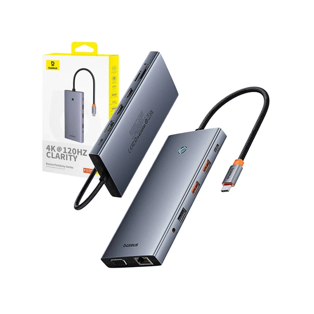 Hub 13w1 Baseus PortalJoy USB-C / 2xHDMI,DP,VGA,2xUSB-C,3xUSB-A,PD,RJ45,SD/TF, jack 3.5mm (szary) - Adaptery/HUBy - Baseus