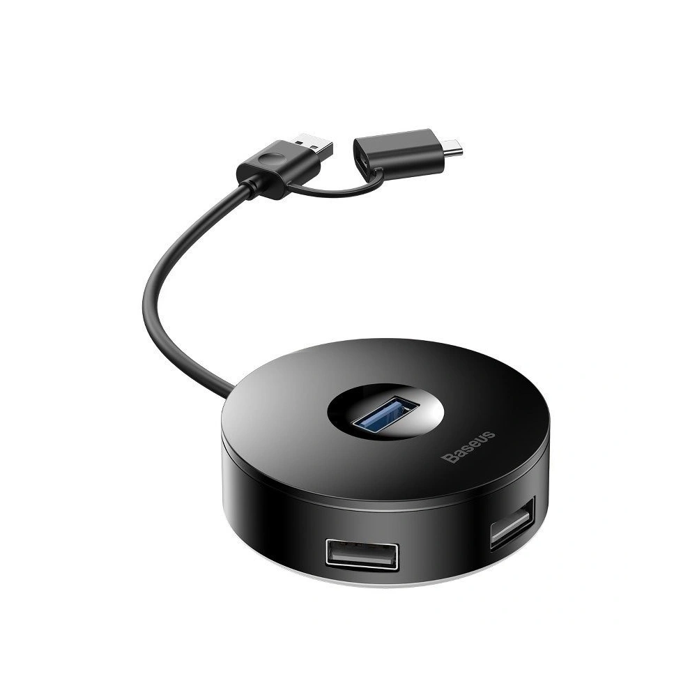 Adapter USB 3.0 Baseus Round Box, HUB USB/USB-C do 1x USB 3.0 + 3x USB 2.0, 12cm (czarny)