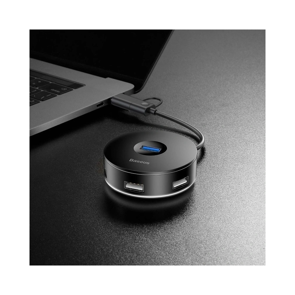 Adapter USB 3.0 Baseus Round Box, HUB USB/USB-C do 1x USB 3.0 + 3x USB 2.0, 12cm (czarny)