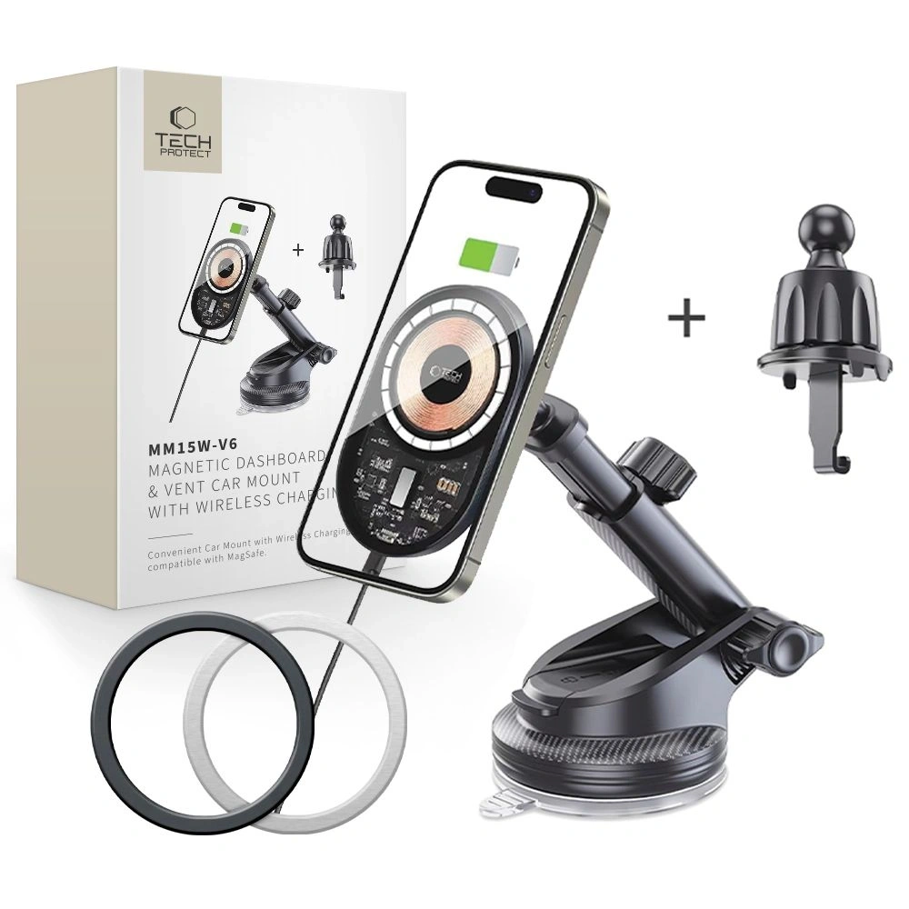 Uchwyt samochodowy do kratki / na szybę / na kokpit z ładowarką 15W Tech-Protect MM15W-V6 Magnetic MagSafe Dashboard & Vent Car Mount Black - na kokpit / szybę - Tech-Protect