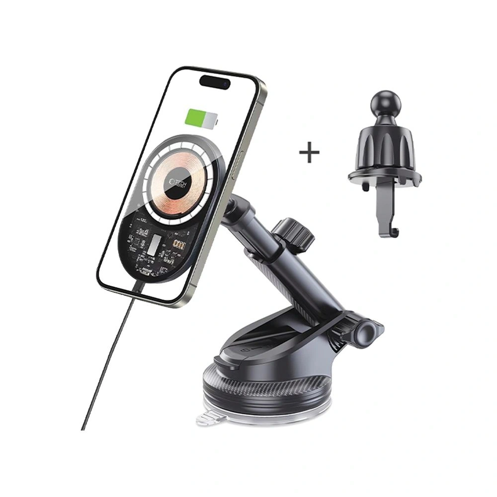 Uchwyt samochodowy do kratki / na szybę / na kokpit z ładowarką 15W Tech-Protect MM15W-V6 Magnetic MagSafe Dashboard & Vent Car Mount Black - na kokpit / szybę - Tech-Protect