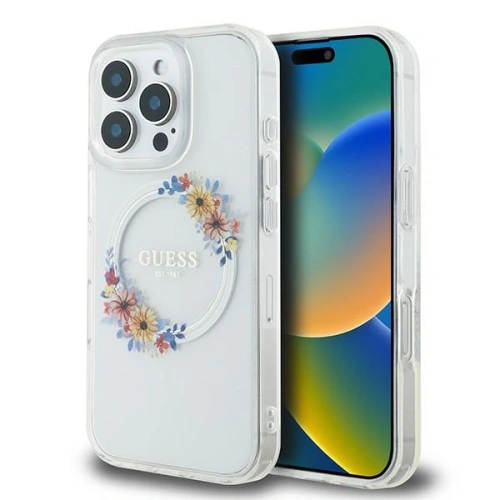 Buy Guess GUHMP16LHFWFCT Apple iPhone 16 Pro hardcase IML Flowers Wreath MagSafe clear - GUE3607 - {ean13} - Home Screen Store Europe