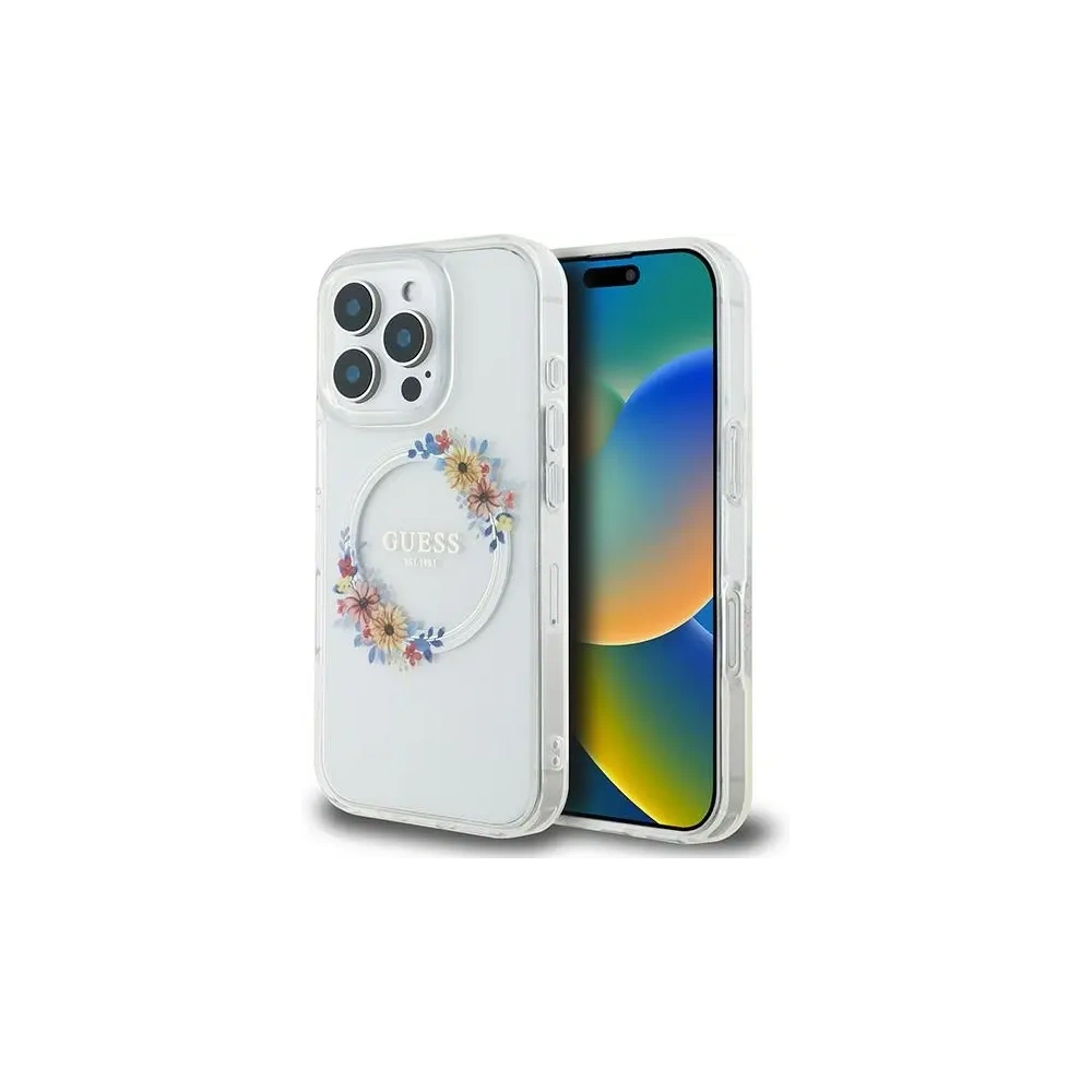 Etui Guess GUHMP16LHFWFCT Apple iPhone 16 Pro hardcase IML Flowers Wreath MagSafe przeźroczysty - iPhone 16 Pro - Guess