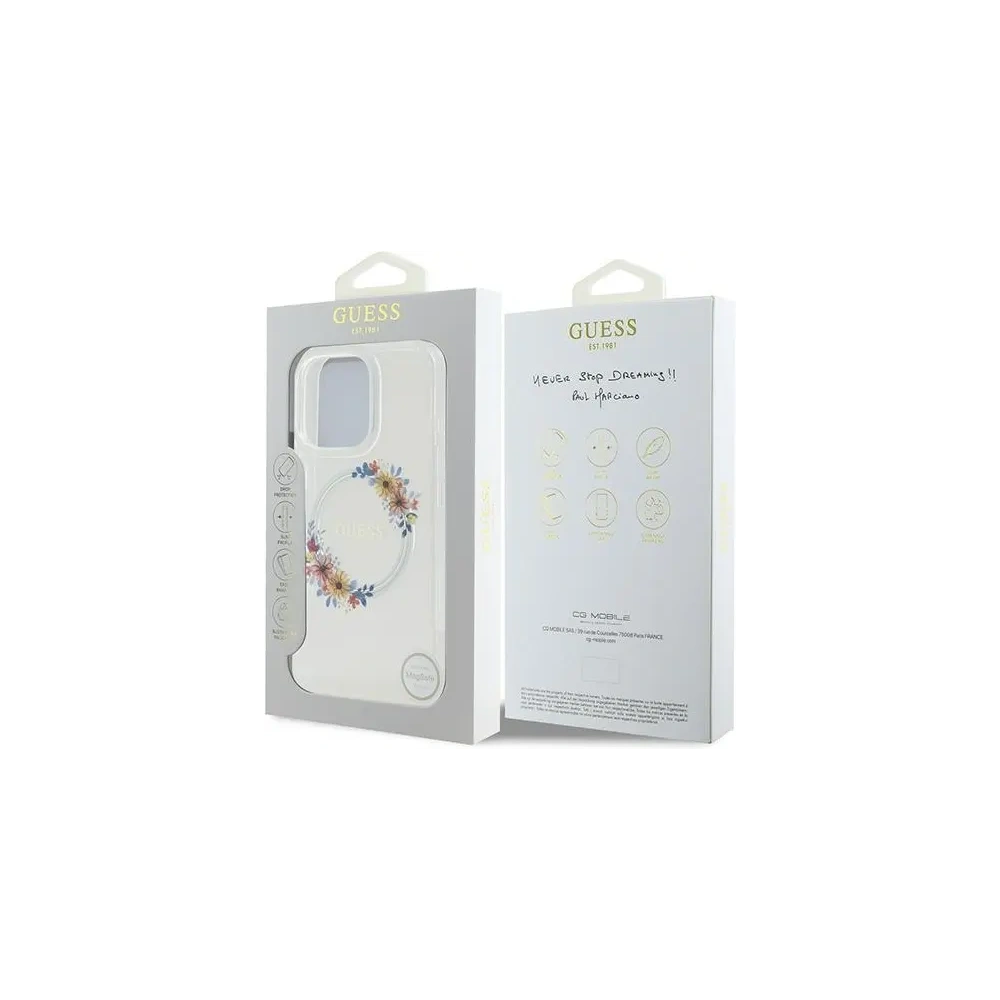 Etui Guess GUHMP16LHFWFCT Apple iPhone 16 Pro hardcase IML Flowers Wreath MagSafe przeźroczysty - iPhone 16 Pro - Guess