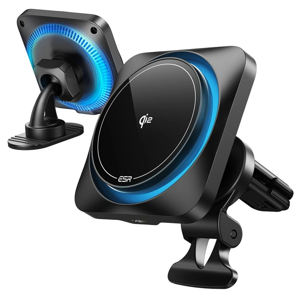 Uchwyt samochodowy do kratki / na szybę / na kokpit z ESR Halolock Cryoboost Magnetic MagSafe Dashboard & Vent Car Mount Wireless Charger QI2 15W Frosted Onyx