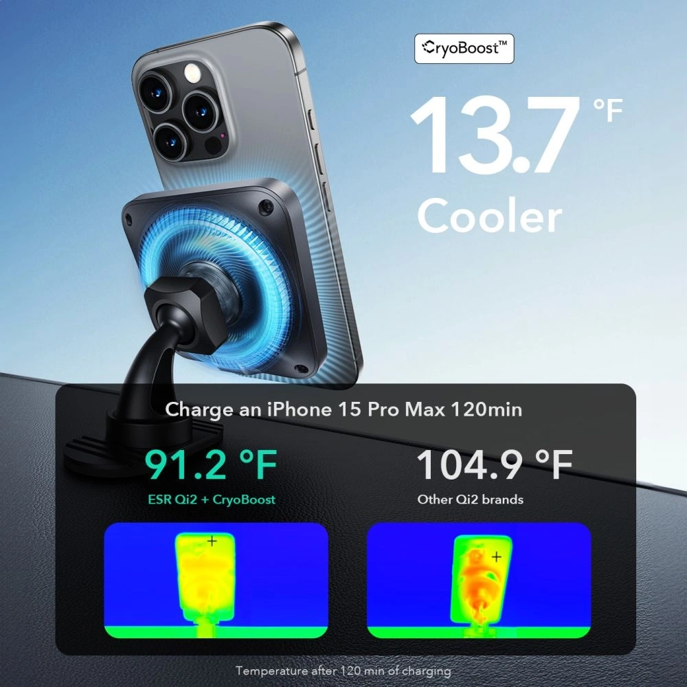 Uchwyt samochodowy do kratki / na szybę / na kokpit z ESR Halolock Cryoboost Magnetic MagSafe Dashboard & Vent Car Mount Wireless Charger QI2 15W Frosted Onyx