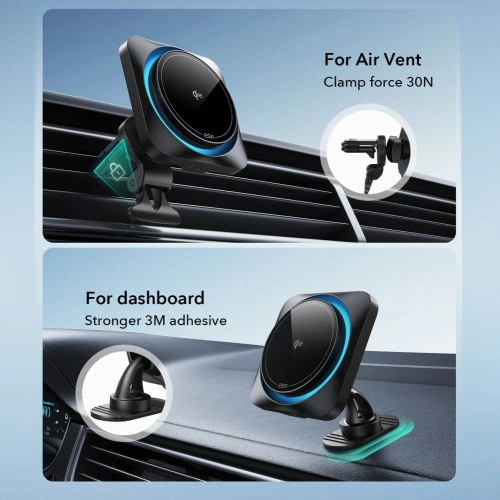 Kup Uchwyt samochodowy do kratki / na szybę / na kokpit z ESR Halolock Cryoboost Magnetic MagSafe Dashboard & Vent Car Mount Wireless Charger QI2 15W Frosted Onyx - ESR836 - {ean13} - Sklep Home Screen