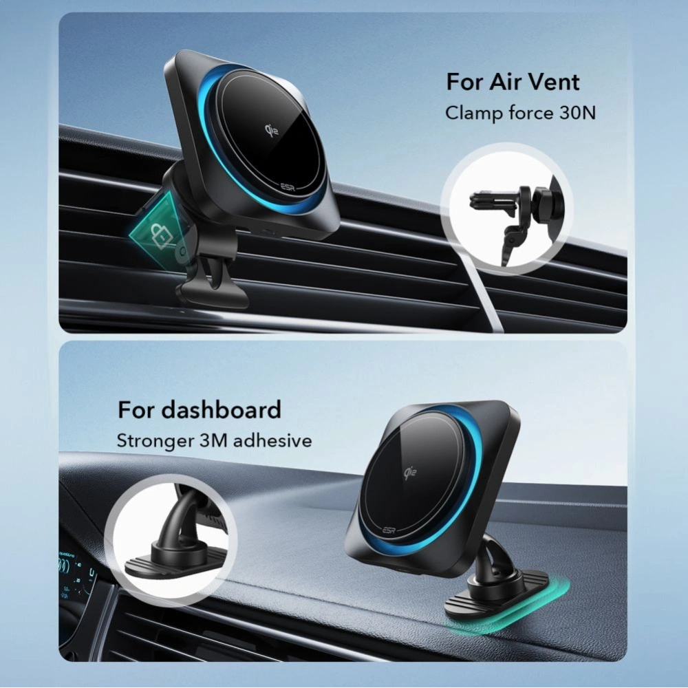 Uchwyt samochodowy do kratki / na szybę / na kokpit z ESR Halolock Cryoboost Magnetic MagSafe Dashboard & Vent Car Mount Wireless Charger QI2 15W Frosted Onyx