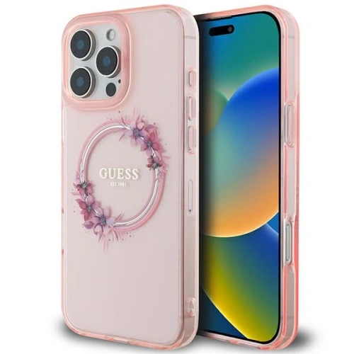 Buy Guess GUHMP16XHFWFCP Apple iPhone 16 Pro Max hardcase IML Flowers Wreath MagSafe pink - GUE3625 - {ean13} - Home Screen Store Europe