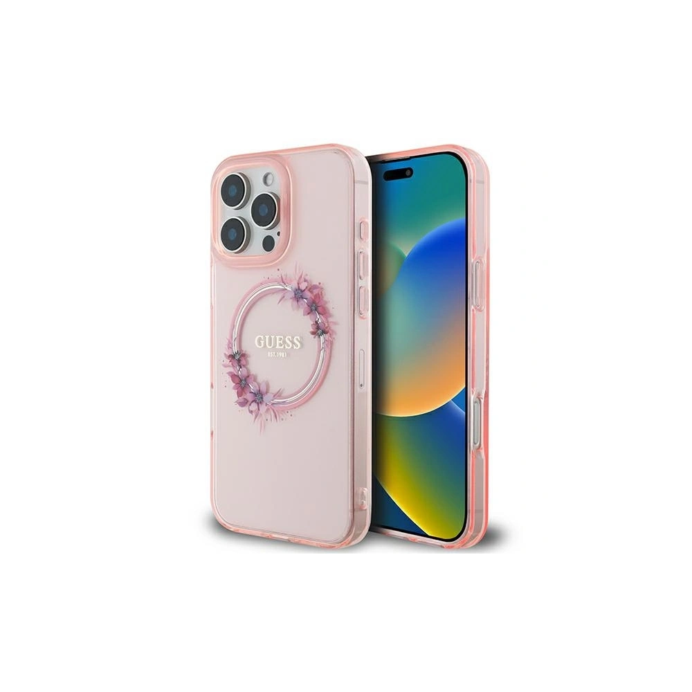 Etui Guess GUHMP16XHFWFCP Apple iPhone 16 Pro Max hardcase IML Flowers Wreath MagSafe różowy/pink