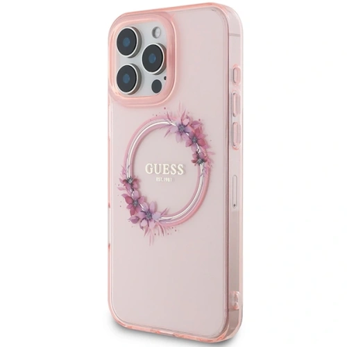 Buy Guess GUHMP16XHFWFCP Apple iPhone 16 Pro Max hardcase IML Flowers Wreath MagSafe pink - GUE3625 - {ean13} - Home Screen Store Europe