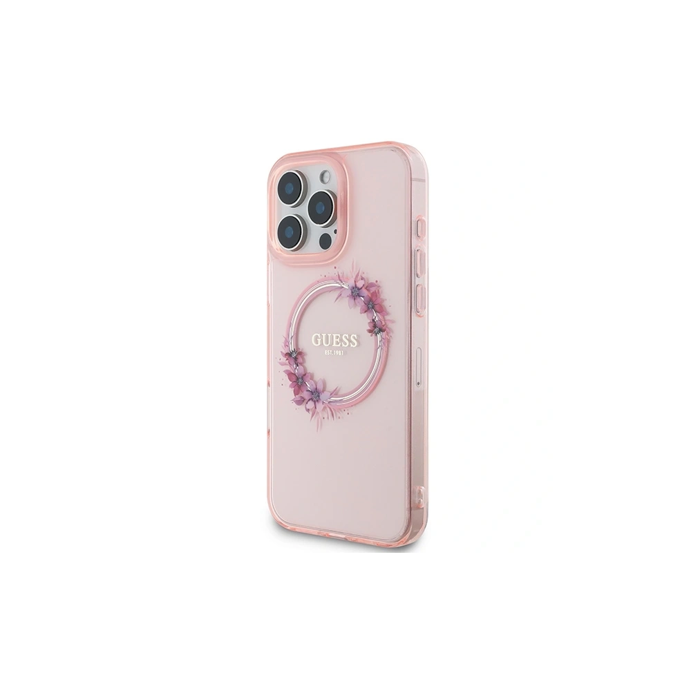 Etui Guess GUHMP16XHFWFCP Apple iPhone 16 Pro Max hardcase IML Flowers Wreath MagSafe różowy/pink